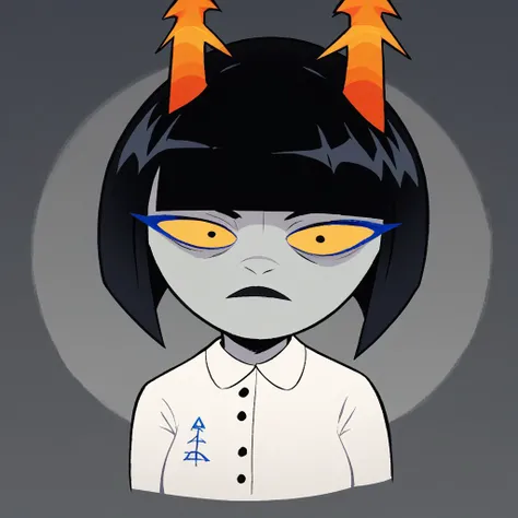 OverallDetail, score_9, score_8_up, score_7_up, score_6_up, score_5_up, score_4_up, BREAK, Darsta, Black hair, Bob, Blunt bangs, horns, orange horns, grey skin, yellow sclera, white shirt, BREAK, headshot, portrait,