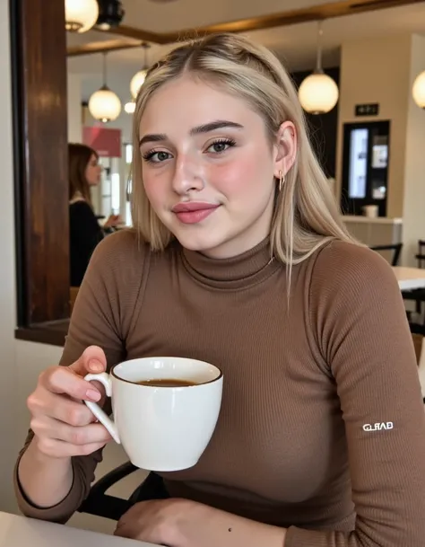 photo realistic, 30mm amateur photo, natural detailed skin, blonde honeypuu woman wearing a turtleneck dress sitting in a cafe having a coffee, looking at viewer, smiling <lora:HoneyPuu_flux_v1:1.3>