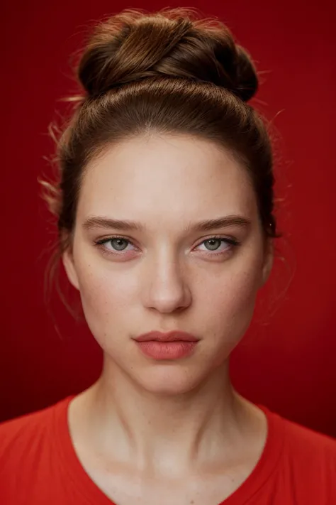 1girl, (hair updo), lips, looking at viewer, makeup, red background, solo, standing, white tshirt, detailed skin texture, (blush:0.2), (goosebumps:0.3), subsurface scattering,  <lora:Lea_Seydoux:1>, RAW candid cinema, 16mm, color graded portra 400 film, re...