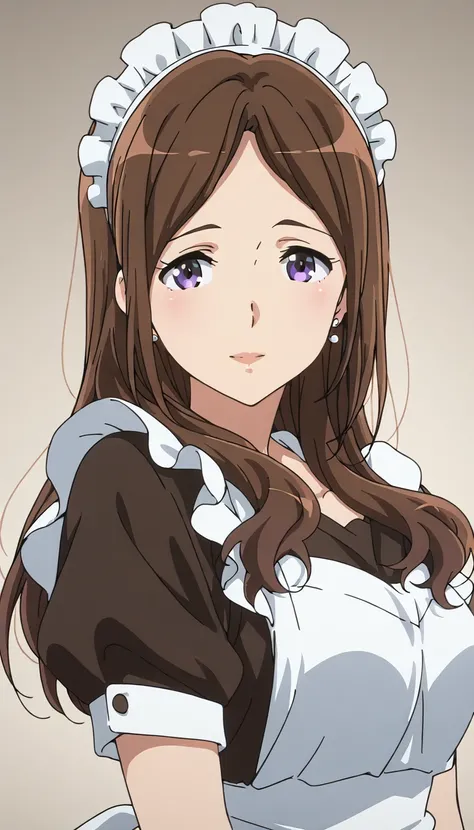 <lora:Satomi_Niiyama:1>,purple eyes,brown hair,long hair,earrings,maid headdress,