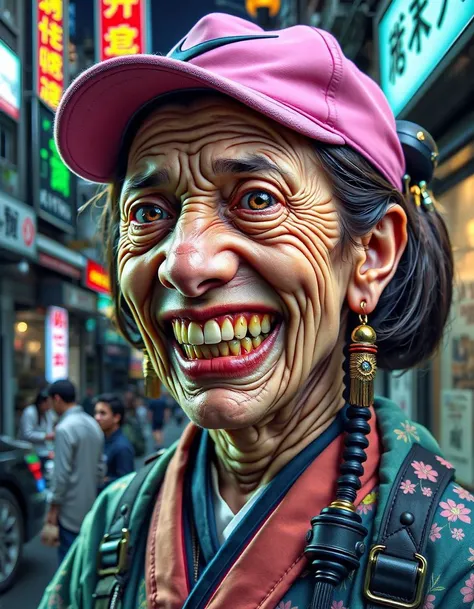 doudou,Hyperrealistic digital portrait of a disheveled geisha, her weathered face bearing deep wrinkles, wearing a neon pink Nike cap and stained kimono. Her grotesque, decaying teeth visible through a twisted grin, illuminated by harsh neon lights in Toky...