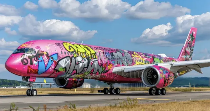 plane with graffitti taking off on the runway, pink plane