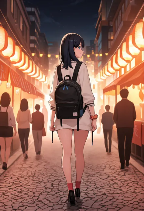 masterpiece, best quality, newest, absurdres, highres, Rikka Takarada, unique outfit, looking at viewer, cute, dutch tilt, cinematic, standing, smile, low angle, legs, festival, city, lanterns, nighttime, warm light, facing away, looking back, walking,
<lo...