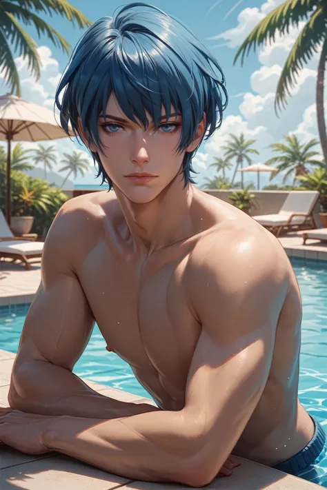 score_9, score_8_up, score_7_up, score_6_up
<lora:FEMByleth:0.8>
FEMByleth, 1boy, blue hair, short hair, blue eyes, looking at viewer, lounging by a poolside, with palm trees swaying in the tropical breeze