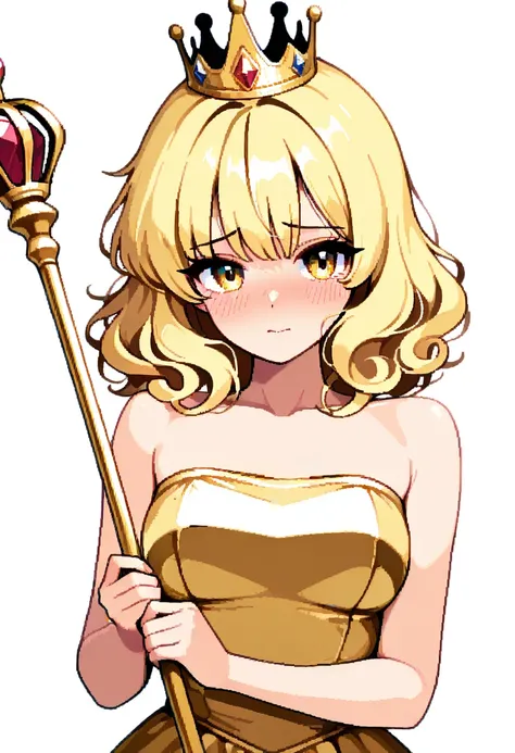 (masterpiece),(best quality),(ultra-detailed),very aesthetic,absurdres,  newest,scenery
 <lora:Anipixel_Style_Illustrious:1> an1p1xel, 
white background,
1girl, medium hair, blonde hair, wavy hair, yellow eyes, gold dress, princess, crown, scepter, cowboy ...