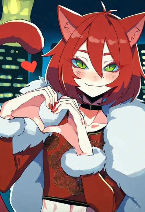 1femboy, skinny, catboy, red tail, red cat ears, bob hair, red hair, green eyes, slit pupils, detailed eyes,
detailed eyes looking at viewer, blush, smile,
fur coat, hugging fur, chinese shirt, choker, close up face, night city,
heart hands, red nails,
 <l...