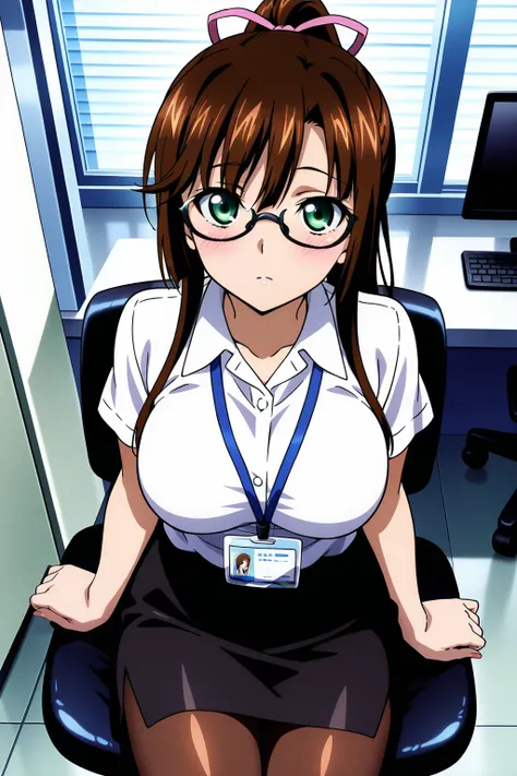 anime screenshot, strike the blood, 1girl, solo, kirasaka sayaka, brown hair, long hair, ponytail, high ponytail, hair ribbon, pink ribbon, green eyes, glasses, black-framed eyewear, large breasts, office lady, white shirt, collared shirt, short sleeves, b...