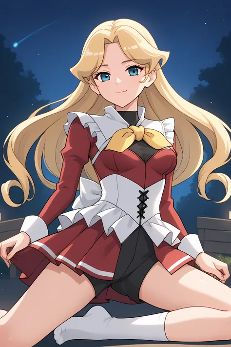 (red dress white corset yellow bow red mini skirt black shorts:1.30), cra-serene, blue eyes, blonde hair, long hair, parted bangs, parted hair, curly hair, 
medium breasts, 1girl, solo, skinny, (source_anime, score_9, score_8_up, score_8, score_7_up), scor...