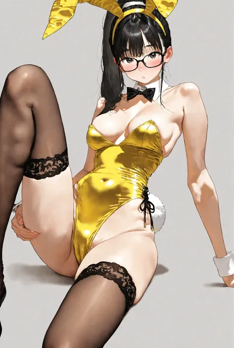 masterpiece,best quality,amazing quality,very aesthetic,absurdres,newest,<lora:gy动漫noob1.0-000140:0.7>,
newest,year 2023,
1girl,solo,breasts,thighhighs,animal ears,glasses,wrist cuffs,black hair,leotard,playboy bunny,rabbit ears,looking at viewer,ponytail,...