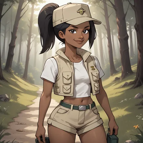 score_9, score_8, BREAK, solo, dark skin female, dark skin, black hair, black eyes, ponytail, big breasts, shorts, hat, navel, midriff, vest, socks, short shorts, black boots, boots, white shirt, shirt, short sleeves, beige vest, beige shorts, total drama,...