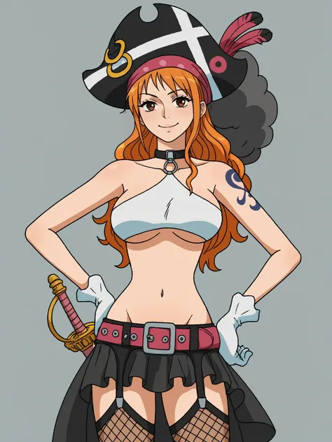 uncensored, score 9 up, score 8 up,
 <lora:One_Piece_Movie_Red_Nami_Character_PonyXL:.8>,nami_red, 1girl, pirate hat, orange hair, long hair, large breasts, smile, midriff, underboob, crop top, bare shoulders, white gloves, sword, skull and crossbones, wea...