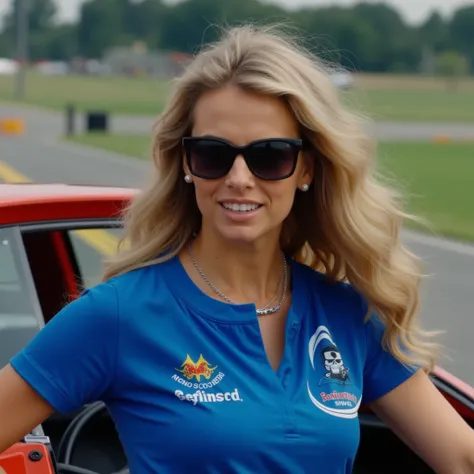 cinematic film still of  <lora:racing car style v1:0.8>
In racing style, a woman in a blue shirt and sunglasses, 1girl, solo, long hair, blonde hair, shirt, jewelry, upper body, earrings, teeth, necklace, sunglasses, clothes writing, sportswear, realistic,...