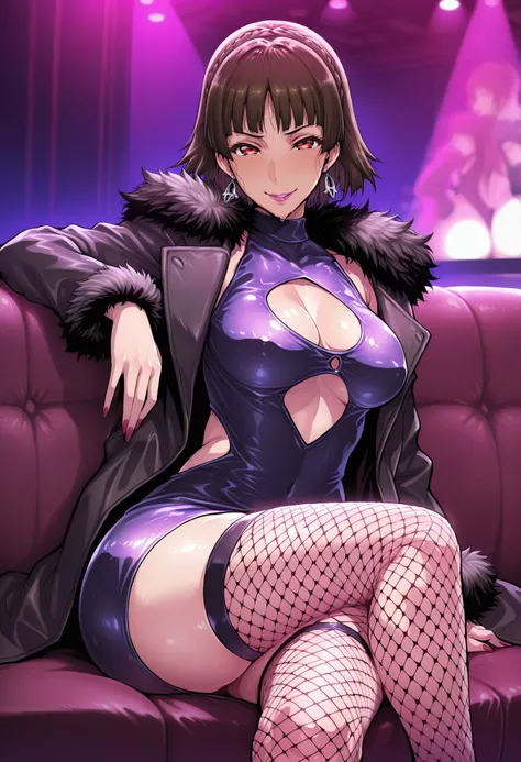 masterpiece,best quality,amazing quality,1girl,makoto niijima,bodycon,lipstick,looking at viewer,sitting,on couch,black couch,nightclub,indoors,smile,clothes cutout,fishnets,open coat,fur-trimmed coat,arm rest,crossed legs,medium breasts,<lora:Itagayui-000...