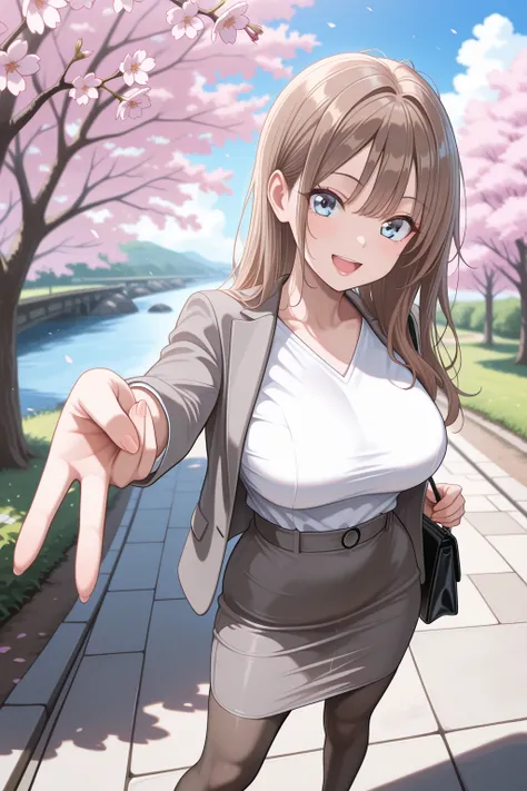 masterpiece,best quality,very aesthetic,absurdres,rim light,,
1girl, solo,
messy hair, office lady, gray formal, suit, jacket, long sleeves, taut clothes, breasts, white shirt, high-waist skirt, middle skirt, pantyhose, fine fabric emphasis,bag lift,
gyaru...