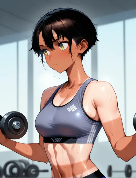 masterpiece,best quality,higres illustration,detailed face,1girl,<lora:nb_tanlines_IL:1>,tanlines,upper body,sweat,sports bra,gym,dumbbell,