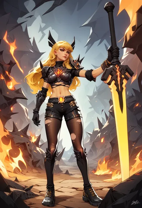 score_9, score_8_up, score_7_up,  BREAK source_anime,,((hellscape)) background, ((hell)), fire, high angle shot.,M4G1K, bangs, yellow hair, hair ornament, navel, long hair, yellow sword, 1girl, solo, weapon, blonde hair, pantyhose, holding, torn clothes, l...