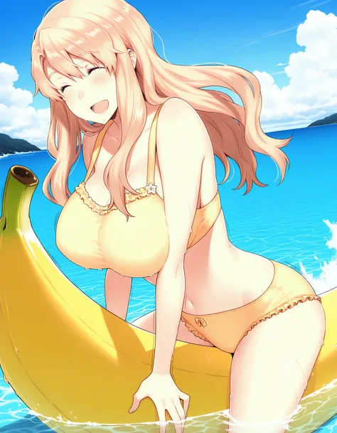 1girl, tachibanakoharu, smile, closed eyes, open mouth, :d, ^_^, straddling, yellow bikini, frilled bikini, partially submerged, banana boat, ocean, blue sky, cloud, waves, 
masterpiece, best quality, amazing quality, absurdres  <lora:Tachibanasan_Illustri...