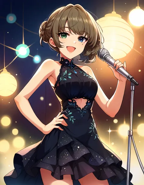 score_9,score_8_up,score_7_up,1girl,solo,cowboy shot,looking at viewer,smile,open mouth,holding microphone,hand on hip,stage lights,
<lora:takagakikaede_ponyXLV6:0.8>,cgtgk,
brown hair,single hair bun,green eyes,blue eyes,heterochromia,mole under eye,
blac...