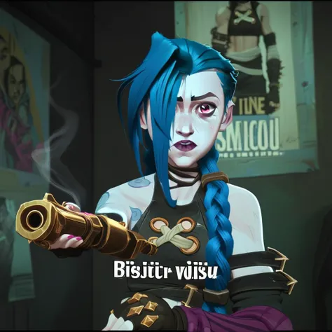 j1nx,jinx, jinx /(league of legends arcane/), 1girl, solo, long hair, looking at viewer, bangs, shirt, gloves, holding, bare shoulders, blue hair, upper body, weapon, braid, teeth, choker, black gloves, striped, indoors, fingerless gloves, pink eyes, holdi...