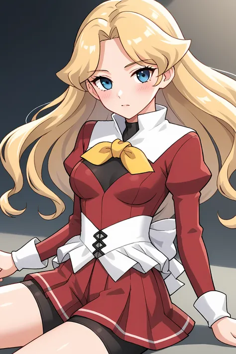 (red dress white corset yellow bow red mini skirt black shorts:1.30), cra-serene, blue eyes, blonde hair, long hair, parted bangs, parted hair, curly hair, 
medium breasts, 1girl, solo, skinny, (source_anime, score_9, score_8_up, score_8, score_7_up), scor...