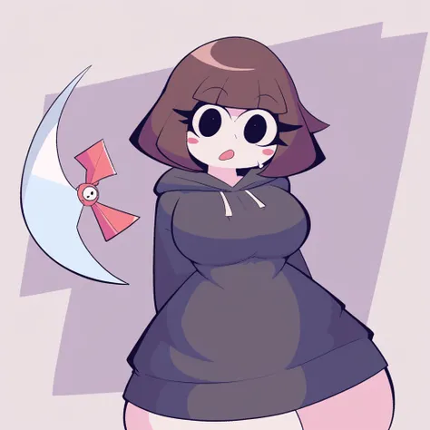 score_7_up, score_8_up, score_9, woah_man, 1girl, solo, hood, breasts, brown hair, scythe, large breasts, black eyes, hoodie, short hair, open mouth, thick thighs, arms behind back, wide hips, looking at viewer, :o, blush stickers, blunt bangs, thighs, hol...