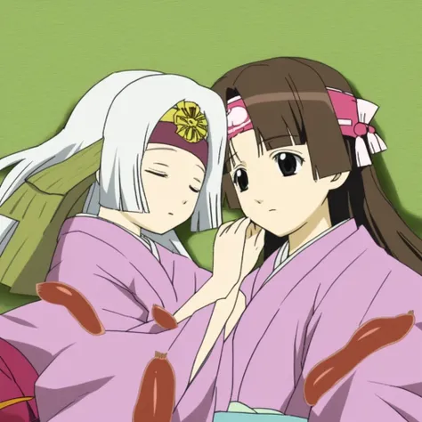 hime cut, obi, futon, headband, brown hair, fruit, simple background, white hair, seiza, soyo, lying, on back, kimono