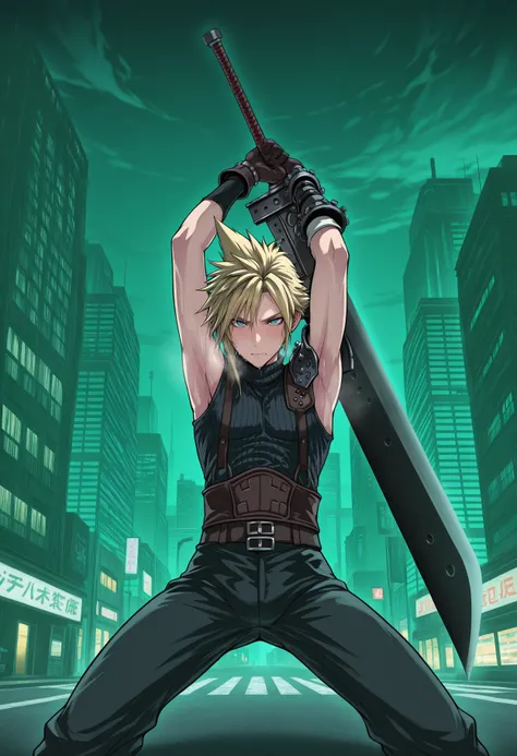 masterpiece,best quality,amazing quality,solo,male focus,Cloud Strife,battle pose,holding big sword,fictional city,futuristic city,night,streets,green theme,cowboy shot,<lora:Itagayui:1>,