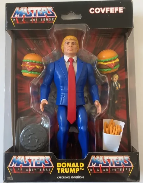 80s he-man toy, a donald trump doll toy wears a blue suit and a red tie. It is in a packaging with a burger and fries accessories. The text says "COVFEFE" <lora:80S_He-man_toy:0.9>