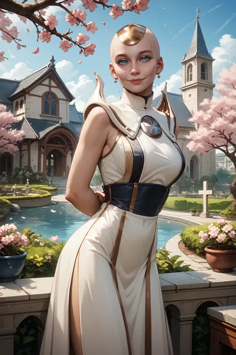 score_9, score_8_up, score_7_up, score_6_up
<lora:MKKronika:0.8>
MKKronika, 1girl, blue eyes, bald, jewelry, looking at viewer, arms behind back, leaning forward, standing, outdoors, cherry blossoms, smile, garden, church