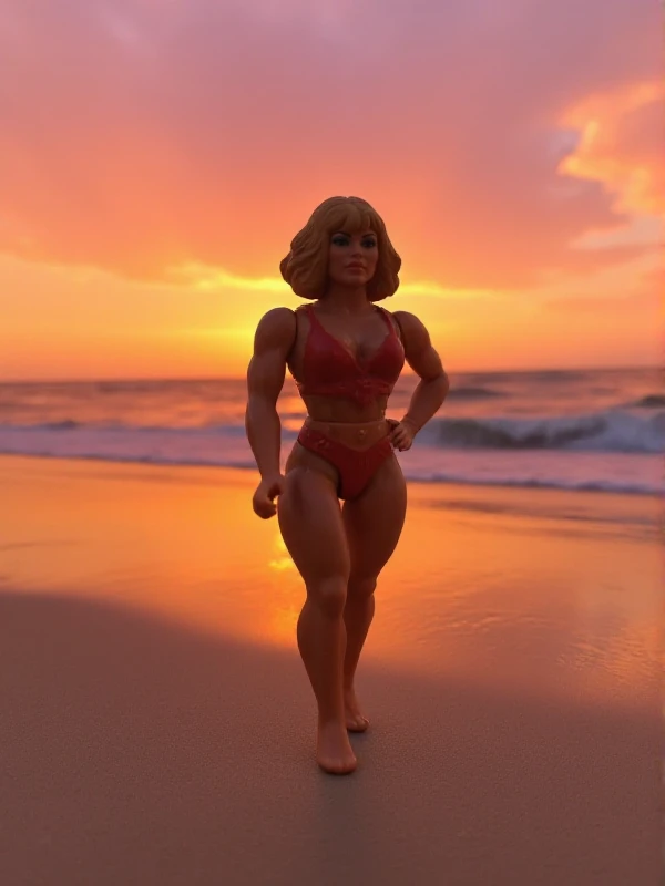 80s he-man toy, a sexy woman posing on a beach at sunset <lora:80S_He-man_toy:0.9>