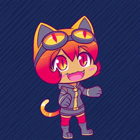 1girl, solo, boopies, furry, catgirl, noseless, light brown body fur, chibi, goggles, tail, grey clothes, thigh high red socks, cat paw print boots, yellow boot soles, sfw, cute, happy