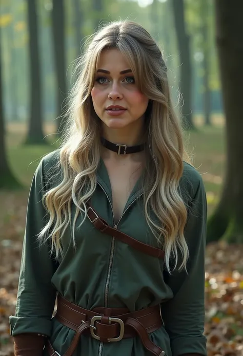 A realistic photograph of W3R4, a woman with long hair and slender physique, cosplaying as Ciri from the video game "The Witcher"