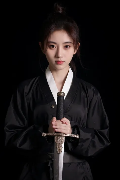 The image shows a young asian woman wearing a traditional martial arts outfit, predominantly black with white inner layers, holding an ornate sword upright in front of their face. The sword features a decorative hilt and intricate carvings, suggesting a hi...