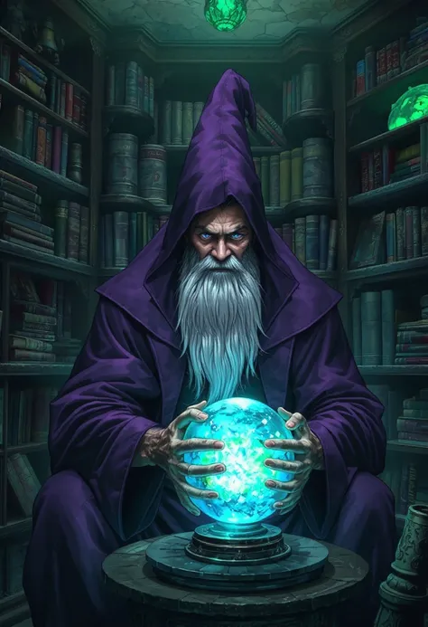 In the dark corner of his ancient study where walls are aligned with books and tombs of ancient knowledge sits a wizard. He gazes upon his crystal ball that glows with a turquoise splendor. His deep purple robes hiding his visage. A long grey beard show th...