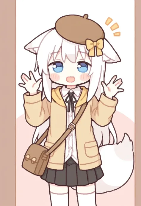 shiochan

solo, cowboy shot, looking at viewer, standing, smile, waving, notice lines

long white hair, blue eyes, fox ears fluff, ears down, brown beret, hat bow, yellow bow, white shirt, buttoned shirt, neck ribbon, black ribbon, yellow collared brown ja...