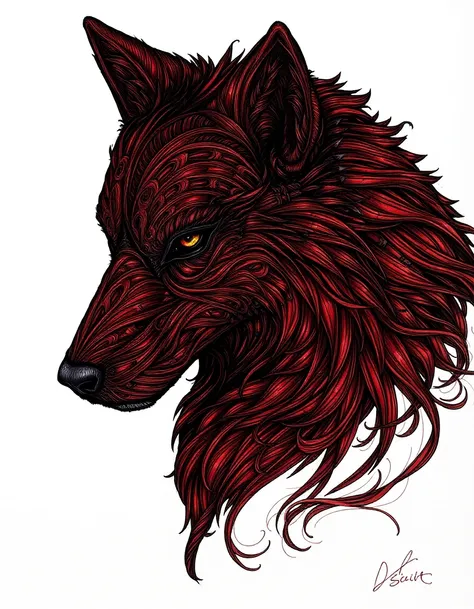 DarkDisciple, A digital drawing created in a detailed, highly stylized manner, depicting a werewolf. The werewolf is portrayed from the shoulders up, focusing on its head and upper body. The artwork is rendered in intricate, swirling patterns of dark brown...