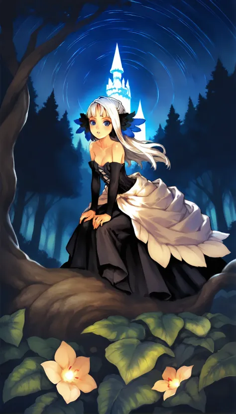 masterpiece,best quality,amazing quality,
<lora:gwendolynIL:1>,odgwendolyn,
1girl,solo,white hair,long hair,half updo,blunt bangs,blue eyes,looking at viewer,parted lips,blue and black feather hair clip,black and blue layered gown,black corset top,black de...