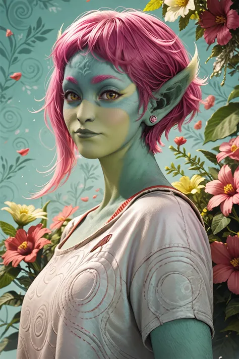 score_9, score_8_up, score_7_up, score_6_up
<lora:CITZ:0.8>
CITZ, 1girl, alien, pink hair, short hair, green skin, pointy ears, looking at viewer, in summer,seasonal flower,seasonal background,flower background, posing