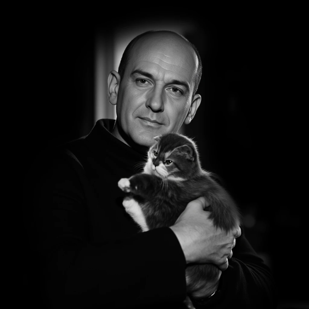 cinematic film still of  <lora:007 film style v1:0.9>
Ernst Stavro Blofeld Donald Pleasence a man holding a cat in his arms, solo, looking at viewer, 1boy, holding, closed mouth, monochrome, greyscale, male focus, animal, cat, black background, ..., realis...