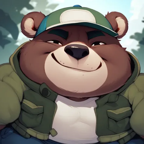 score_6_up, score_7_up, score_8_up, score_9, bear, face shot, shortstack, chubby, cap, smiling, outdoors,