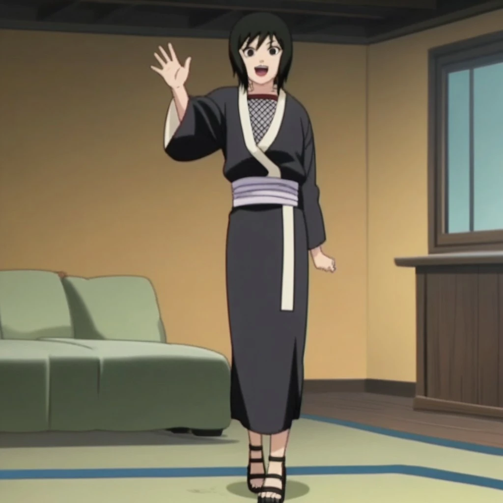 shizunescreencap, shizune, solo, 1girl, black hair, short hair, black eyes, black kimono, fishnet top, white obi, indoors,
score_9, score_8_up, score_7_up,
source_anime,anime screencap,
looking at viewer, black high heels, standing, waving, open mouth, one...