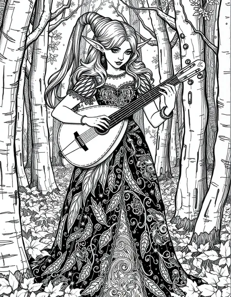 DarkDisciple, This is a detailed, black and white line drawing of an voluptuous elf playing a lute in a forest. The elf is wearing a nature themed dress. The dress is intricately detailed with fine swirling patterns, giving it a medieval, fantasy appearanc...