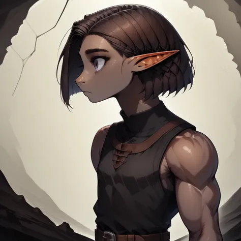 Lapanya, 1 person, solo, pointy ears, ((snout nose)), flat chest, olive-tone skin, brown skin, tall, square jaw, violet irises, dark brown hair, athletic build, muscular biceps,black sleeveless tunic, brown breeches, belt, ((straight bob haircut parted in ...