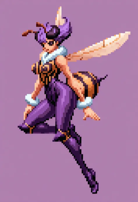 masterpiece, best quality, solo, 1girl, looking at viewer, <lora:NeoGeo-Sprites-illus_Fp:1>, full body, simple background, pixel art, <lora:Qbee-illus_Fp:1>, qbee, arthropod girl, antennae, short hair, purple hair, black eyes, insect wings, leotard, purple...