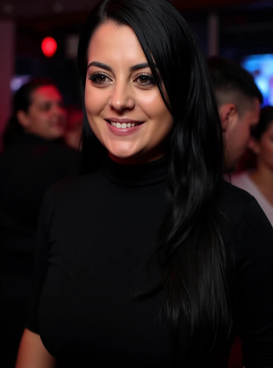 Portrait photo of 1dr34mm4g1c4l woman, black turtleneck blouse, in a night club, makeup, smile

