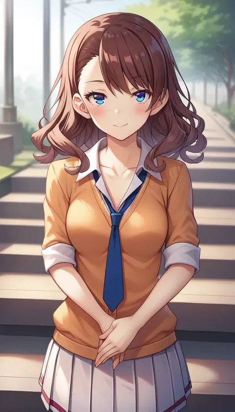 score_9,score_8_up,masterpiece,best quality,correct anatomy,anime_source,1girl,solo,perfect eyes,perfect arms,perfect legs,perfect face,outdoors,upper body,(portrait:1.5),looking at viewer,facing viewer,smile,blush,Sato Maya,long hair,curly hair,brown hair...