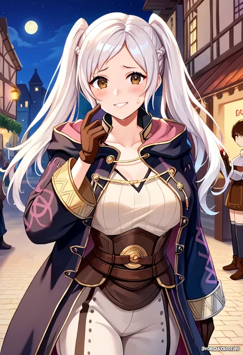 score_9, score_8_up, score_7_up, score_6_up, source_anime,medieval, outdoors,street_background,village,night,
<lora:femaleRobin_def:1>,RobinF_def, robin (female) (fire emblem),twintails, white hair, long hair, brown eyes,brown gloves,robe, pants, long slee...