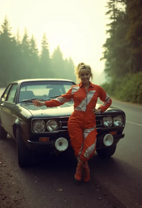 {    "T5": "A high-quality photo of Jo Guest posing in front of a rally car. The medium will be a DSLR camera with a 50mm lens, shot on Kodak Portra 400 film with an aperture of f/2.8. The photo will be taken in natural light, with the sun shining from the...