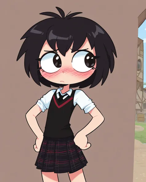 masterpiece, best quality, kimkrab, 1girl, solo, female child, peniparker, white shirt, black sweater vest, black necktie, black skirt, plaid skirt, cowboy shot, embarrassed, blush, hands on own hips, looking away, sitting,(village:1.2)