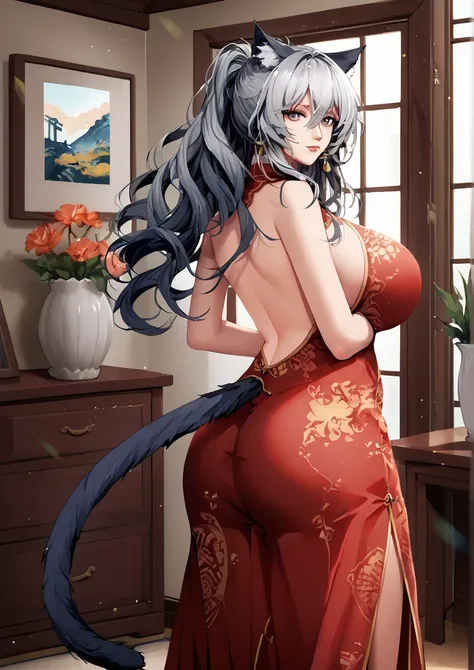 1girl, schwarz (arknights), huge breast, alternate costume, animal ear fluff, animal ears, ass, backless dress, backless outfit, bare arms, bare shoulders, breasts, cat ears, cat tail, china dress, chinese clothes, cowboy shot, door, dress, earrings, grey ...